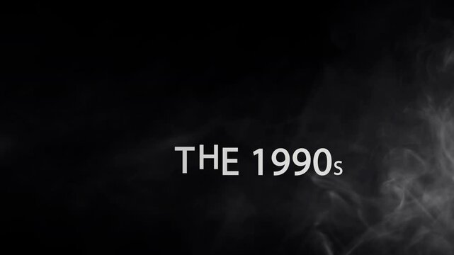 Cinematic history intro or opener for the 1990s decade with animated text titles, smooth transitions, and atmospheric smoke effects. Transparent BG with alpha channel, ideal for historical projects