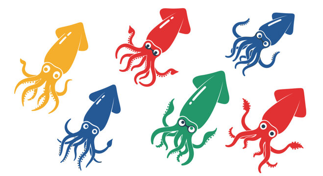 Colorful Cartoon Squids Grouped Together, Playful Marine Life Illustration