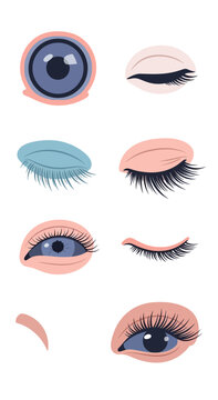 Cosmetic Eye Makeup Illustrations: Various Eyelids, Lashes, and Blue Iris Designs