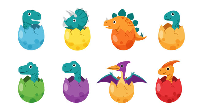 Cute Baby Dinosaurs Hatching from Colorful Eggs, Set of 8 Cartoon Characters