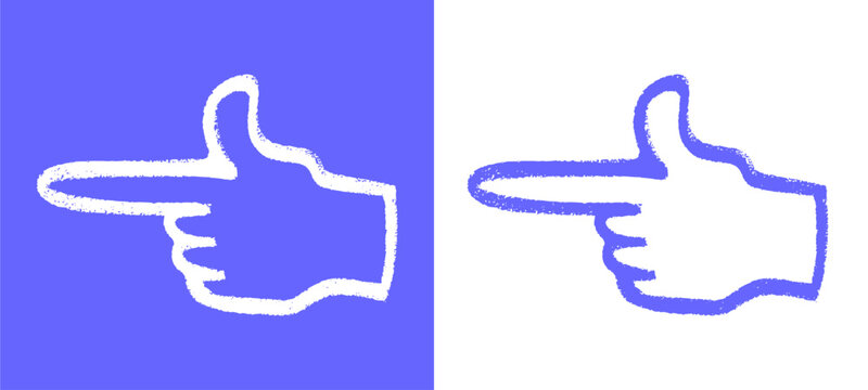 Pair of hand drawn pointing finger icons in blue and white chalk doodle style. Creative directional elements for urban graphic design and streetwear.