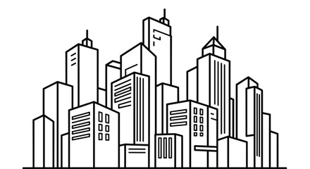 Obraz premium A black line drawing of a city skyline with tall buildings and skyscrapers on a white background for urban or business concepts