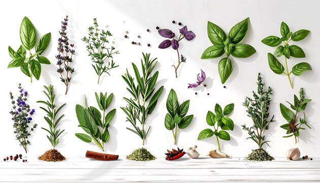 Assortment of fresh herbs and spices arranged on a white surface, including basil, rosemary, thyme, and oregano, with piles of dried seasonings and garnishes