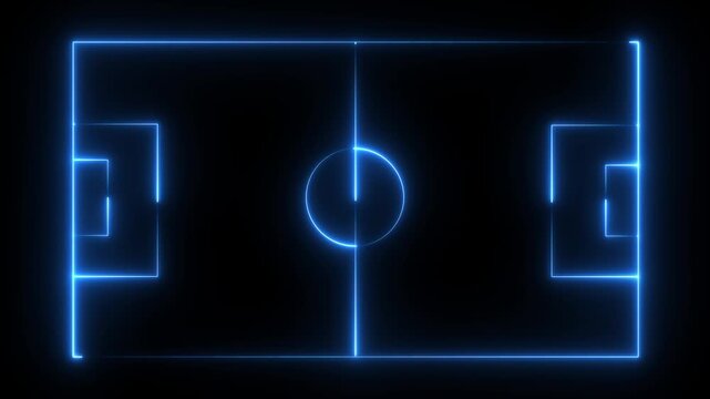 Animation of neon sports stadium on black background with neon lights match football isometric field video animation, Soccer field stadium or football lawn with panoramic.