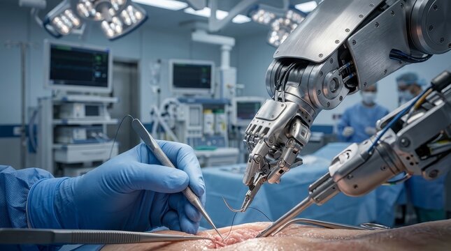 Robotic arm and surgeon performing surgery