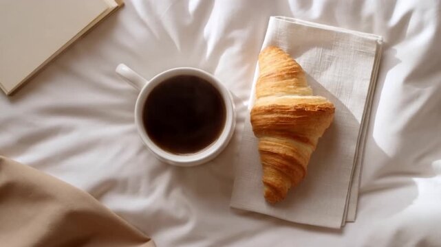 Breakfast in bed, white mug with steaming coffee, fresh croissant on linen napkin, rumpled sheets, soft light, simple pleasure. Concept for cozy weekend mornings