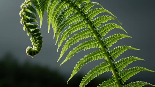 A close-up view of a vibrant green fern leaf curled up in a natural outdoor setting with sunlight.