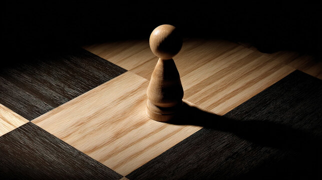 pawn. Chess pawn advanced deep into enemy territory on a wooden board, top-down view. public awareness campaigns, NGO reports, designed for public awareness campaigns and NGO communications.
