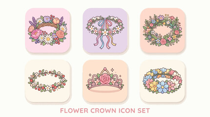 A charming collection of six floral crown and tiara icons, each set against a pastel-colored square background. © Terra