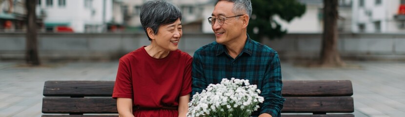 Obraz premium Elderly couple smiling while holding flowers on bench