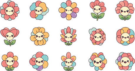 Obraz premium Variety of cartoon flower girls with different hairstyles and flowers