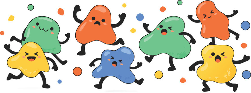 Colorful cartoon blobs dancing together in a playful scene