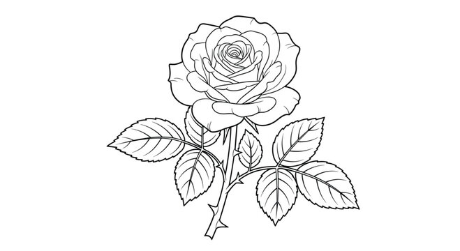 A detailed line drawing of a single rose flower with leaves on a stem, illustrated in black and white on a plain background