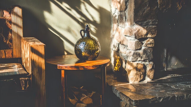 flagon. Antique flagon on wooden table near stone fireplace in rustic interior. lifestyle magazines, social media lookbooks, designed for influencer and brand collaborations.
