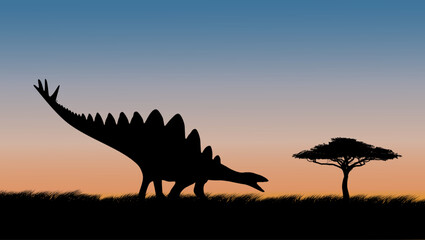 Stegosaurus on safari at sunset, color vector illustration © OMIA