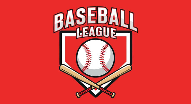 Baseball League Logo: Sport Emblem Featuring Bats, Ball, And Bold Red Background
