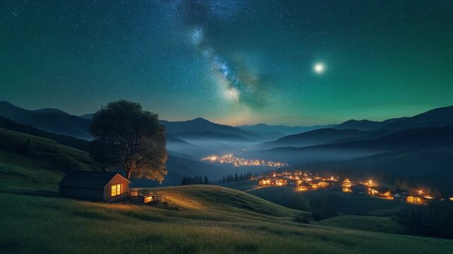 Milky Way Galaxy Arching Over a Peaceful Mountain Valley Village and Secluded Hut