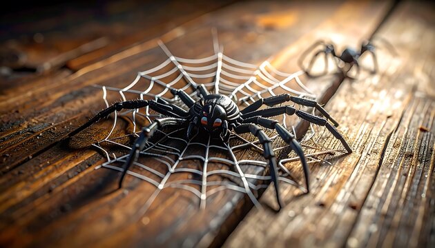Close up of a black widow spider on a web on a rustic wooden surface, with another spider blurred in the background, conveying a sense of danger and nature, good for horror or insect themes