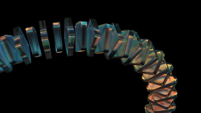 4k looping video, rotating colorful glass shapes on a black background, abstract geometric animation, 3d render