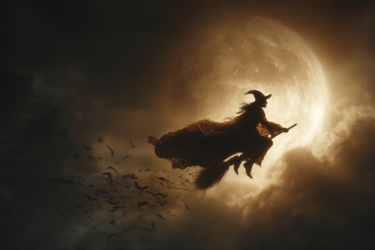 Enchanting Flight: An silhouette of witch soaring across the night sky on a broomstick, illuminated by a brilliant full moon, casting a spell of mystery and enchantment.