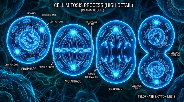 High-Detail Cell Mitosis Process Diagram for Biology Education, Scientific Research, and Biotechnology Presentations