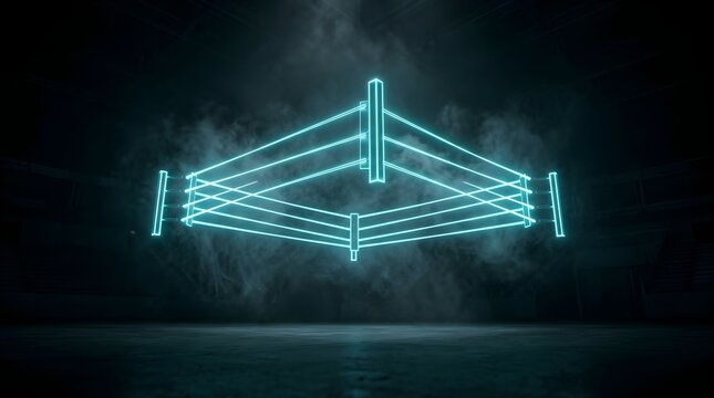 Wrestling ring glows brightly in dark environment with smoke effects around posts and ropes