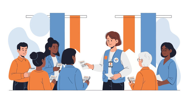 Diverse group of people voting at a polling station with election officials