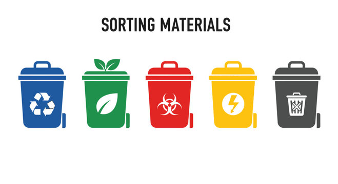 Recycling Bins for Sorting Materials: Blue, Green, Red, Yellow, Gray