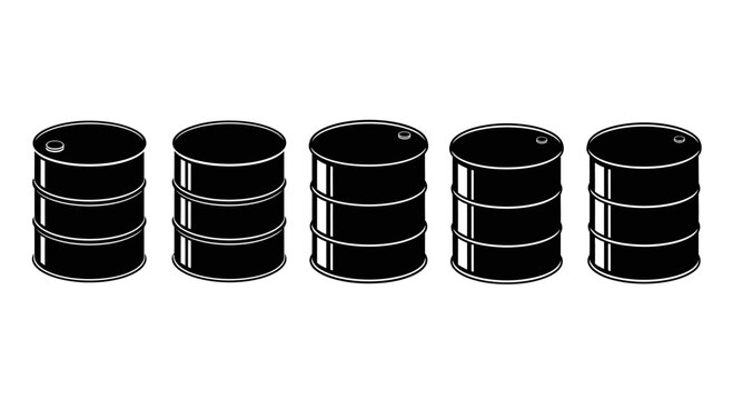 Row of black oil barrels, industrial storage, energy resources, raw materials