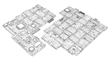 Fototapeta premium Two complex isometric printed circuit boards are rendered in a detailed monochrome line art style against a clean and isolated white background environment setting.