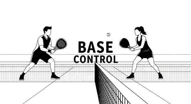 Black And White Padle Tennis Illustration With Base Control Text And Players Silhouette