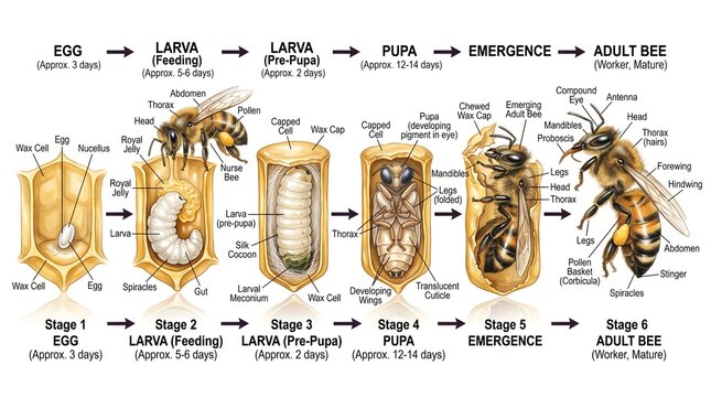 Sequential honey bee life cycle chart from egg through young larva, pre‑pupa, pupa, emergence and fully mature adult worker, all in aligned comb cells with extensive anatomical labels, for use in ento