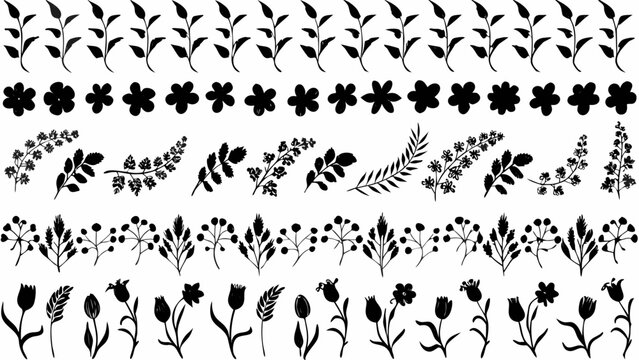 black silhouettes of various plants and flowers arranged in repeating rows on a white background high quality professional