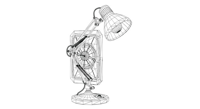 A detailed wireframe 3D model of an articulated desk lamp positioned directly in front of a circular clock face on a plain white background with high contrast.
