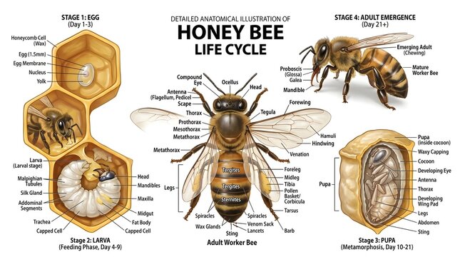 Official anatomical illustration of the honey bee life cycle showing egg and larva in comb cells, pupa in capped cell, adult worker emergence and a central labeled worker bee, ideal for detailed study