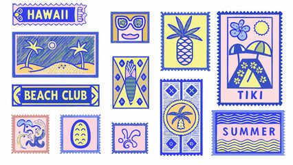 colorful hawaiian themed postage stamps with serrated edges vector illustration on white background high quality professional detailed modern © Sampad