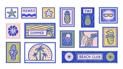 Colorful collection of rectangular vintage style stamps with tropical and summer themes on a white background high quality © Sampad