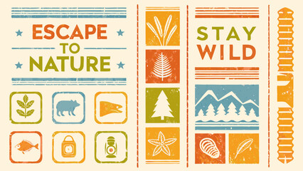 Collection of vintage style nature badge illustrations with text and wildlife motifs on a beige background high quality © Sampad