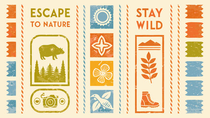 Vintage style nature badge illustrations with bison sun mountain and floral motifs on a beige background high quality © Sampad