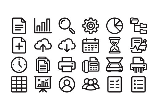 Business and office management flat outline icon set for professional digital usage.