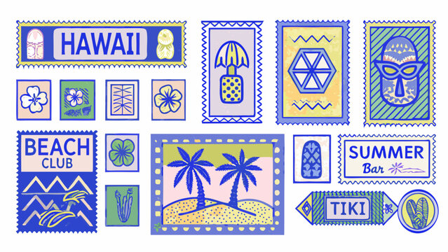 Colorful hawaiian and tropical themed postage stamps with decorative borders on a white background high quality professional detailed