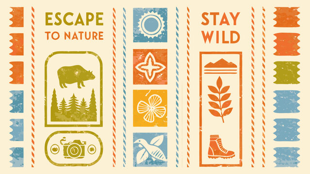 Vintage style nature badge illustrations with bison sun mountain and floral motifs on a beige background high quality