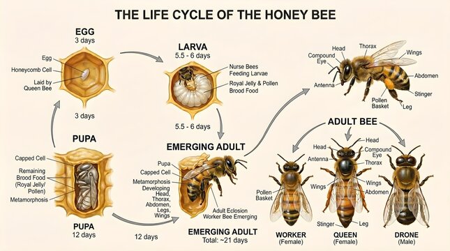 Life cycle of the honey bee diagram showing egg, larva, pupa, emerging adult and three adult castes (worker, queen, drone) around honeycomb cells, with days of development and labeled body parts for b
