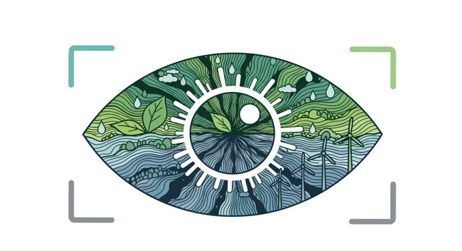 A detailed illustration of a human eye contains a lush environmental landscape with wind turbines and water currents, framed within digital targeting brackets.