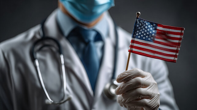 Doctors Day in the USA highlights healthcare workers holding American flag in celebration at medical facility in spring season