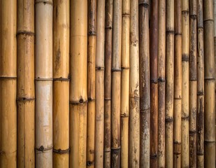 Naklejka premium Natural Weathered Bamboo Poles Wall Texture Backdrop With Vertical Yellow And Brown Stems Showing Organic Nodes And Rustic Aging In Side Lighting