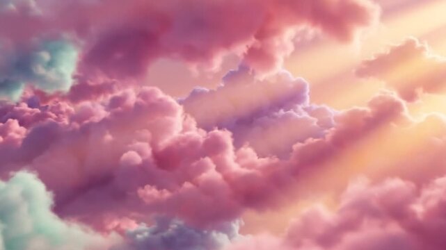 Fluffy Cinematic Clouds In Pink And Purple Drifting Through A Dreamy With Golden Sunbeams And Pastel Tones