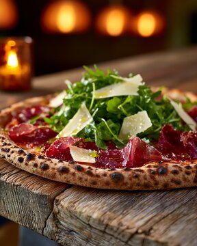 Bresaola rucola pizza with parmesan shavings and warm candle light