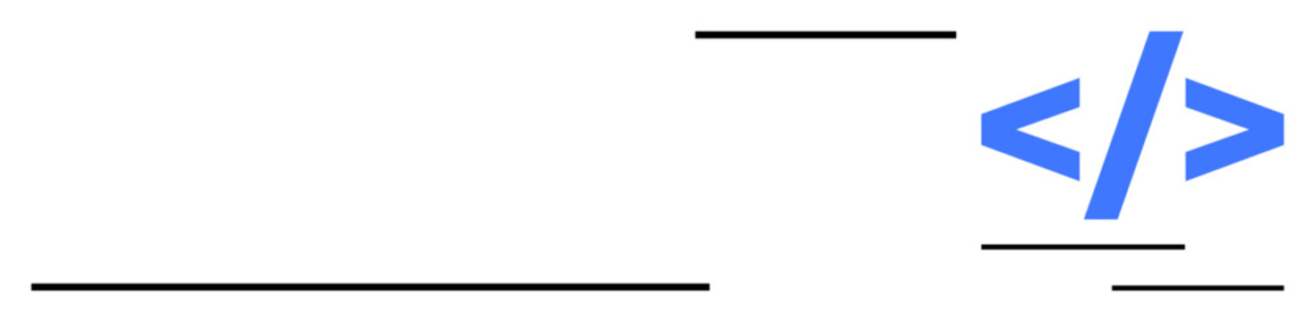 Web development, programming, digital design, coding, technology, and innovation. Blue coding symbol on a minimalistic white background with black lines. Web development and programming concept