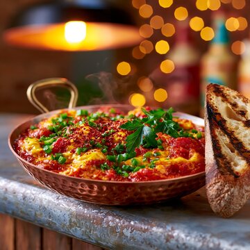 Traditional Turkish menemen egg food served in a rustic copper pan